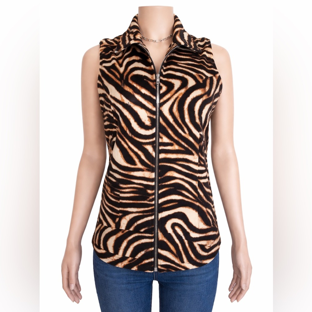 Mirror Image Zebra Print Sleeveless Zip Vest Beige Black Small Velour - Picture 4 of 11
